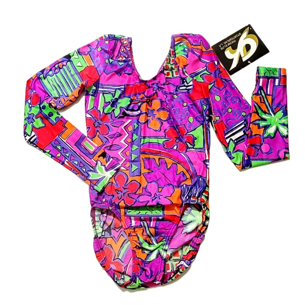 GK Elite VTG 1992 Retro 70s Abstract Botanical LS Leotard Bodysuit AXS Adult XS